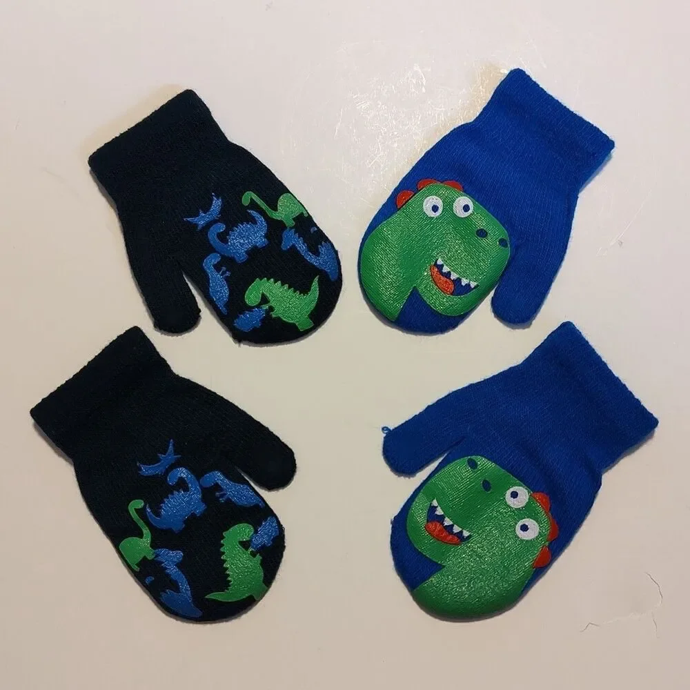 2 Pair Set Toddler Boys Multicolored Dino Dinosaur Knit Mittens Warm Winter NEW